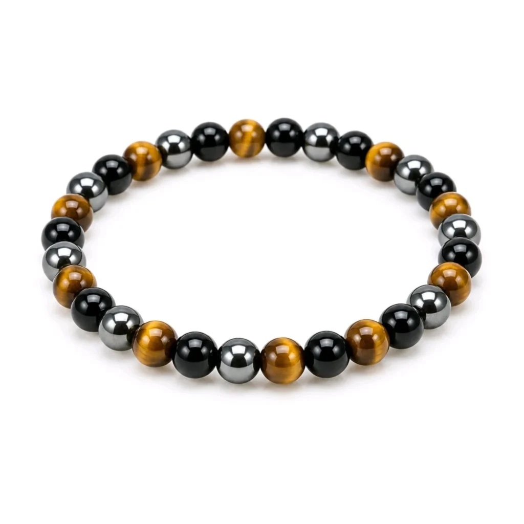 Pulsera Triple Protección – Ojo de Tigre, Obsidiana y Hematita 6 mm